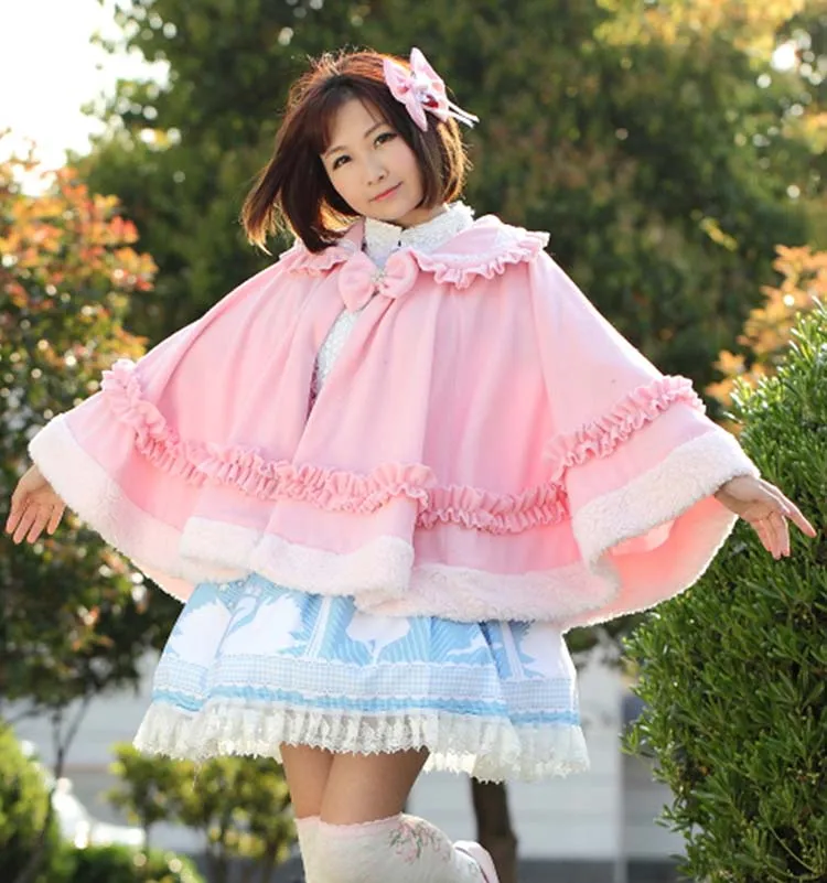 Sweet Pink Soft and Warm Lolita Lace Turn Down Collar Ruffled Winter Poncho Jacket with Fur Trimming Free Shipping
Sweet Pink Soft and Warm Lolita Lace Turn Down Collar Ruffled Winter Poncho Jacket with Fur Trimming Free Shipping