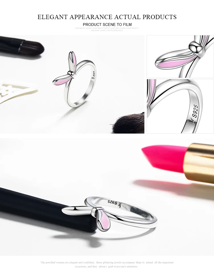 BAMOER Authentic 925 Sterling Silver Sweet Pink Enamel Rabbit Ears Finger Rings For Women Fashion Sterling Silver Jewelry SCR058 23