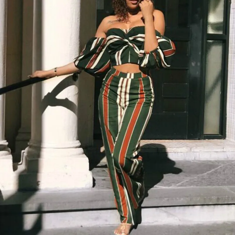 Sexy Striped Two-piece Set Off Shoulder Backless Crop Tops Puff Sleeves Pants Trousers Casual Summer Fashion Femlae 2 Pieces Set
Sexy Striped Two-piece Set Off Shoulder Backless Crop Tops Puff Sleeves Pants Trousers Casual Summer Fashion Femlae 2 Pieces Set