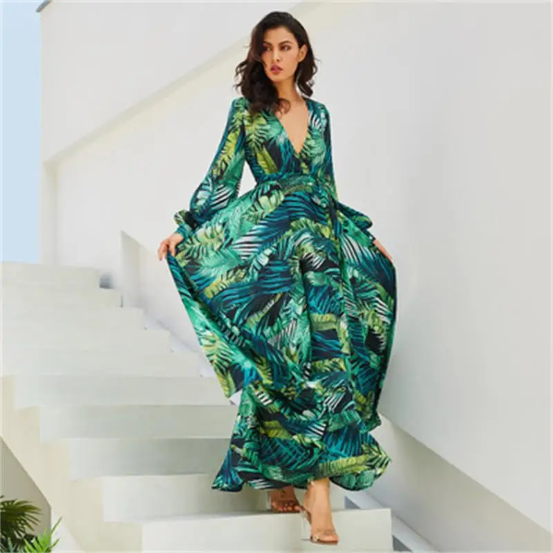 New Fashion Print Long Sleeve Dress Green Tropical Beach Vintage Dress Casual Bohemian V-neck Lace Belt Waist Draped Dress
New Fashion Print Long Sleeve Dress Green Tropical Beach Vintage Dress Casual Bohemian V-neck Lace Belt Waist Draped Dress