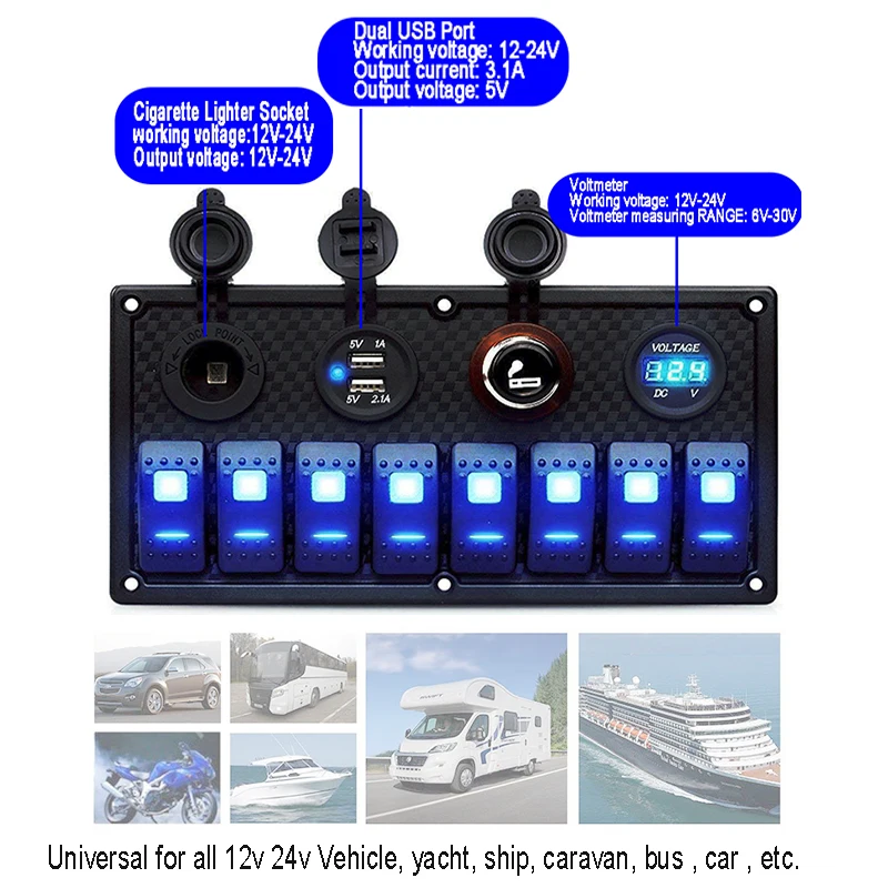 8 Gang Boat Switch Panel Toggle Switches Car Marine Boat Voltmeter Cigarette Lighter Socket Dual USB Charging Socket Ports
8 Gang Boat Switch Panel Toggle Switches Car Marine Boat Voltmeter Cigarette Lighter Socket Dual USB Charging Socket Ports