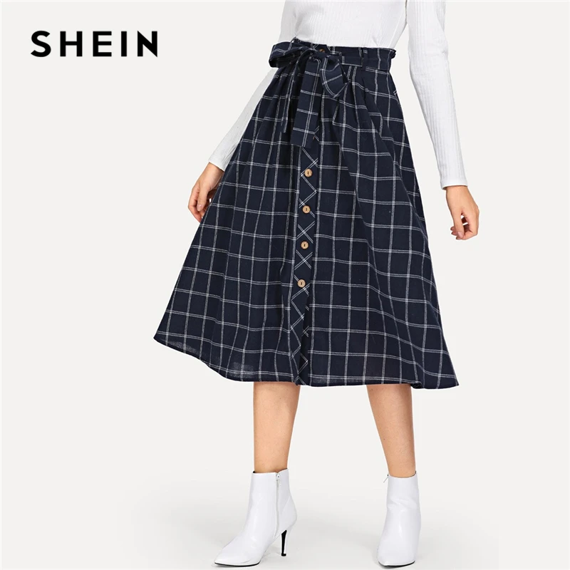 

SHEIN Preppy Button Detail Grid Flare Navy Skirt Frilled Mid Waist Belted Skirts Women Summer Autumn A Line Elegant Plaid Skirt