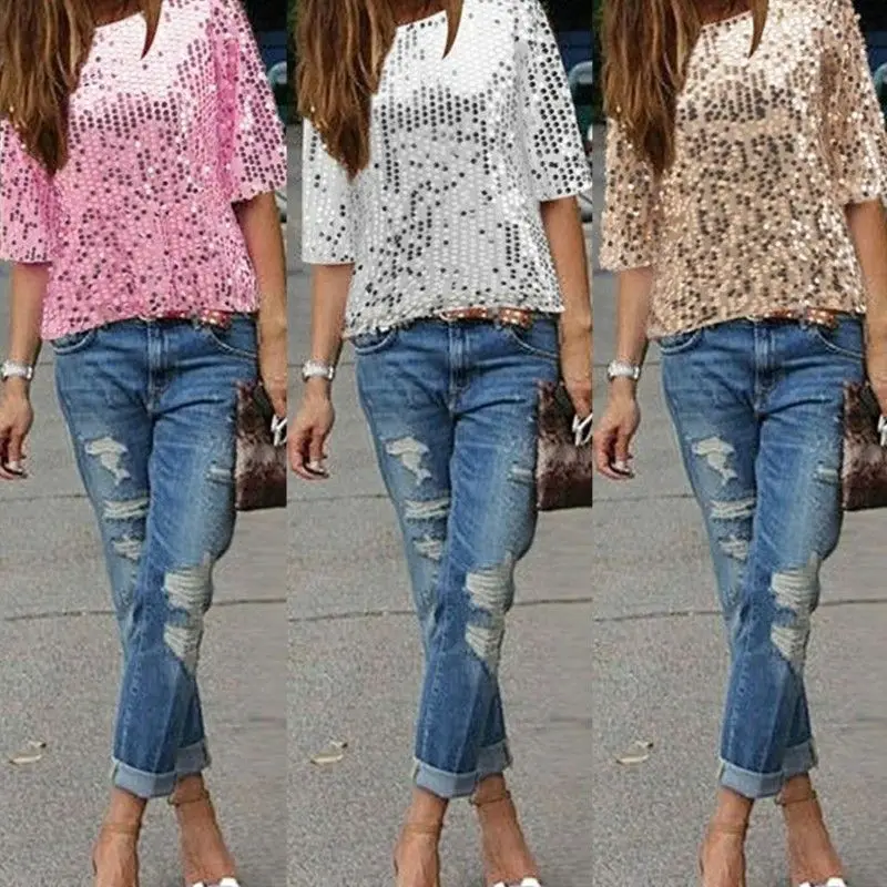 Fashion Women Summer Loose Top Half Sleeve Sparkle Glitter Blouse Ladies Casual Loose Sequined Pullover Tops Blouse Black Sliver
Fashion Women Summer Loose Top Half Sleeve Sparkle Glitter Blouse Ladies Casual Loose Sequined Pullover Tops Blouse Black Sliver