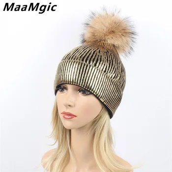 

Fashion Bronzing Gold and Silver with Caps Raccoon Fur Pompon Hat for Women Winter Knitting Warm Hats Female skullies beanies