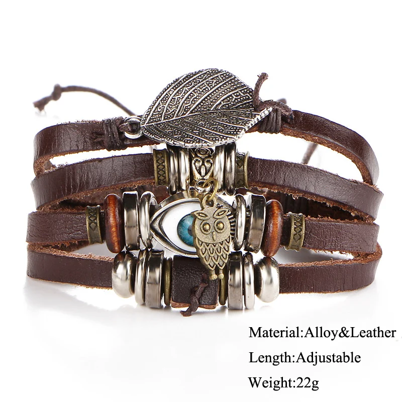 NIUYITID Turkish Eye Bracelets For Men Women Leather Owl Bracelet Male Charm Jewelry Female Braclet Adjustable (2)