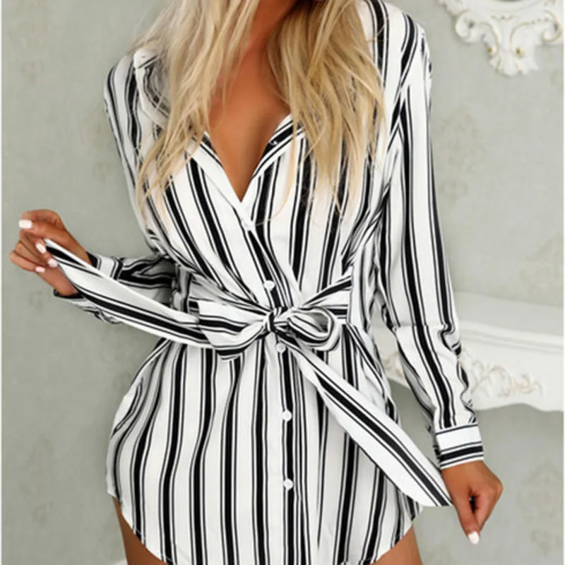 2019 New Brand Fashion Womens Stripe Shirt Long Sleeve Printed Button Simple White Bandage Mini Dress
2019 New Brand Fashion Womens Stripe Shirt Long Sleeve Printed Button Simple White Bandage Mini Dress
