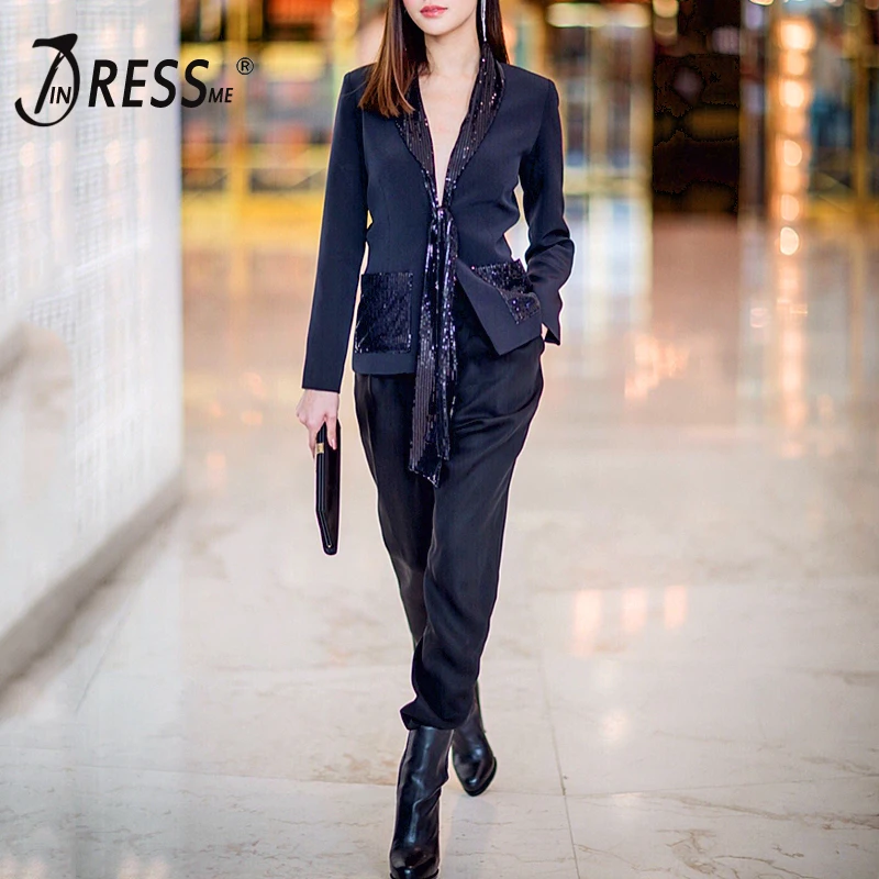INDRESSME 2019 New Lady Black Two Piece Sets Sequins V-Neck Women Suit Set Full Sleeve Long Pant Office Lady Set
INDRESSME 2019 New Lady Black Two Piece Sets Sequins V-Neck Women Suit Set Full Sleeve Long Pant Office Lady Set