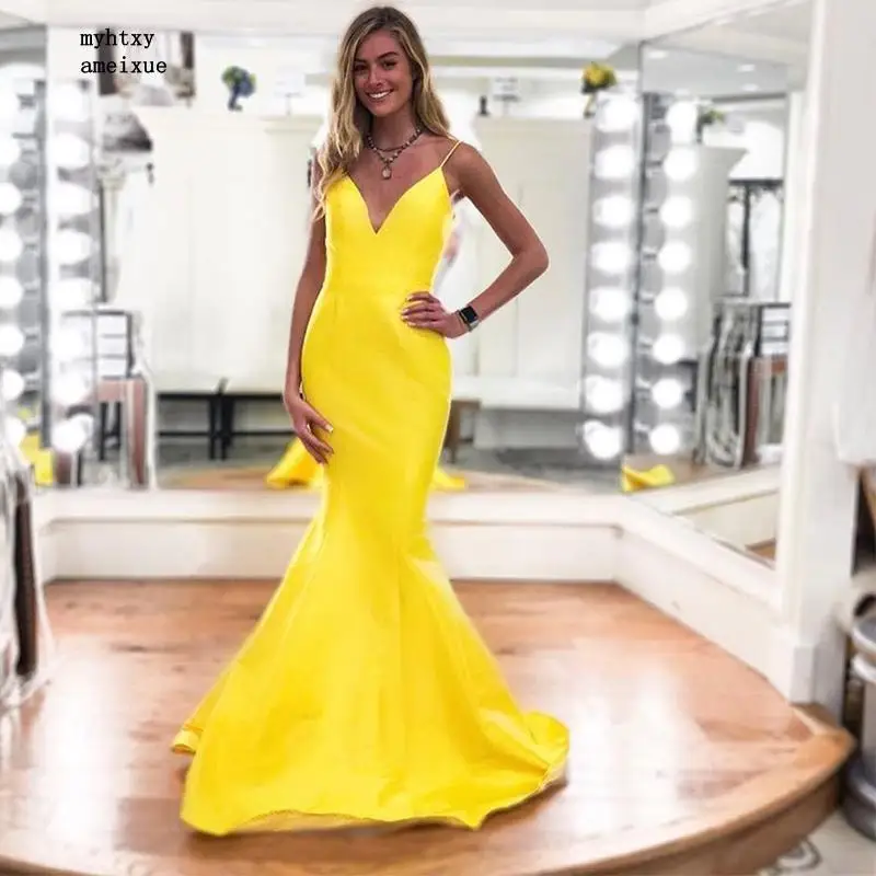Simple Mermaid Evening Dresses V-neck Floor Length Yellow Satin Spaghetti Straps Robe De soiree New Women Formal Party Dresses
Simple Mermaid Evening Dresses V-neck Floor Length Yellow Satin Spaghetti Straps Robe De soiree New Women Formal Party Dresses