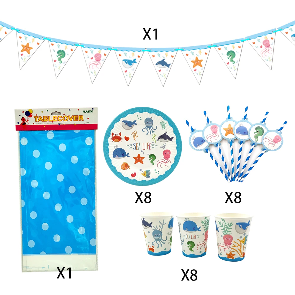 26Pcs for 8kids Sea Life Sea World Marine Animals theme birthday party supplies tableware set, plate+straw+cup+tablecover+banner
26Pcs for 8kids Sea Life Sea World Marine Animals theme birthday party supplies tableware set, plate+straw+cup+tablecover+banner