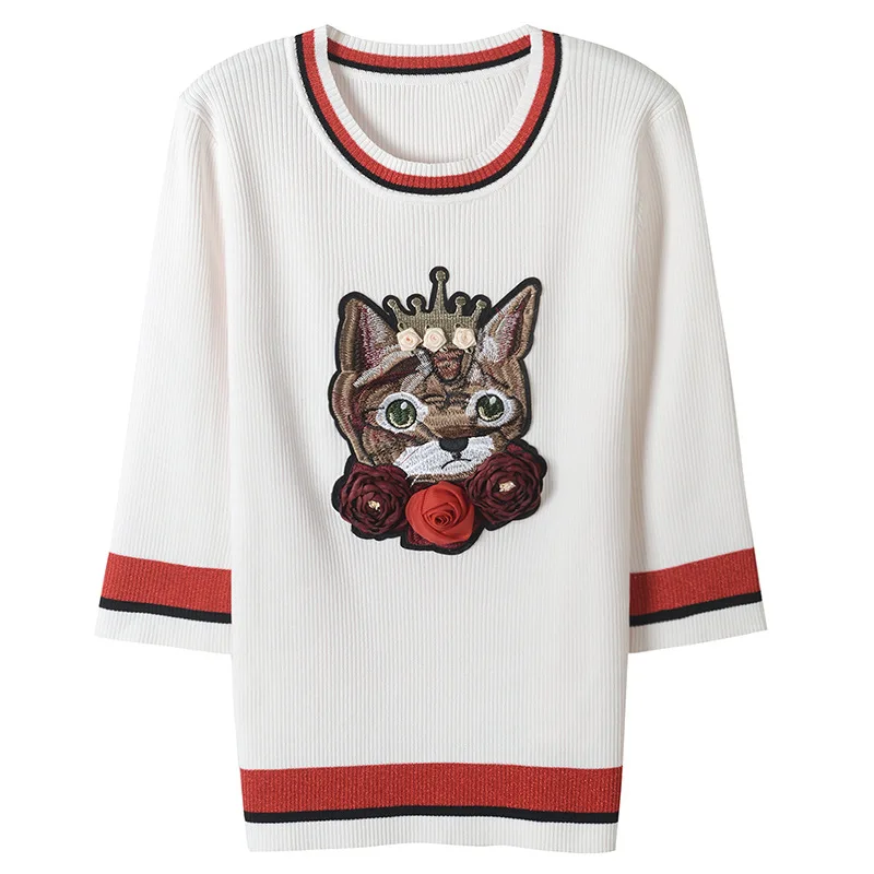 2018 Runway Designer Luxury T-shirts for Women Ice Silk Stripe Knitted Embroidery Crown Cat 3D Flower Harajuku Top Tee White
2018 Runway Designer Luxury T-shirts for Women Ice Silk Stripe Knitted Embroidery Crown Cat 3D Flower Harajuku Top Tee White