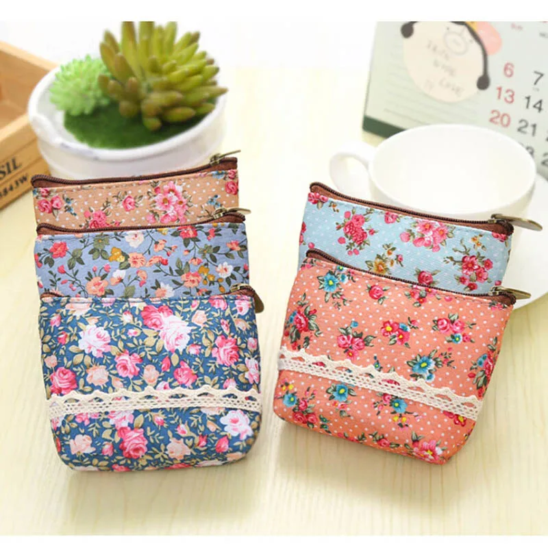 Women Purse Cute Zipper Small Flower Bag Female Girl Headset Line Coin Card Bag Clutch Key Bags