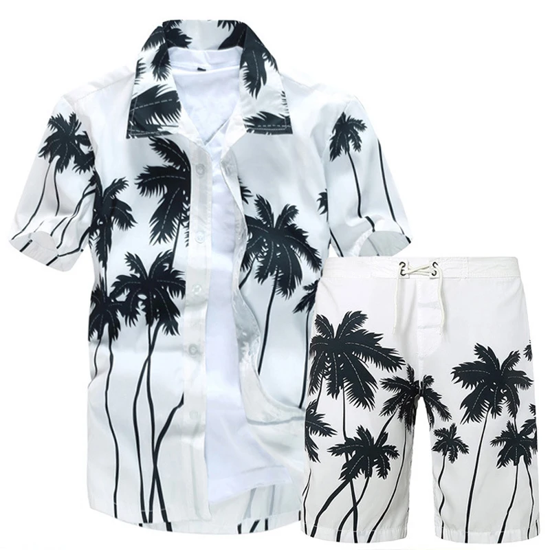 Мужские Гавайские рубашки комплект 2020 цветочные + пляжные шорты с рисунком