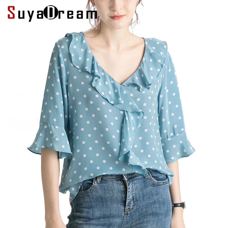 Women Blouse 100% REAL SILK Crepe Blue Dots Printed Blouse Shirt Half Butterfly Sleeved V neck Blouses 2019 Summer Shirt
Women Blouse 100% REAL SILK Crepe Blue Dots Printed Blouse Shirt Half Butterfly Sleeved V neck Blouses 2019 Summer Shirt