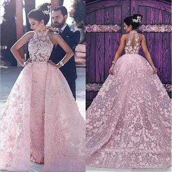 Pink Vestido De Noiva Muslim Wedding Dresses Mermaid Tulle Appliques Lace Detachable Dubai Arabic Wedding Gown Bridal 
Pink Vestido De Noiva Muslim Wedding Dresses Mermaid Tulle Appliques Lace Detachable Dubai Arabic Wedding Gown Bridal