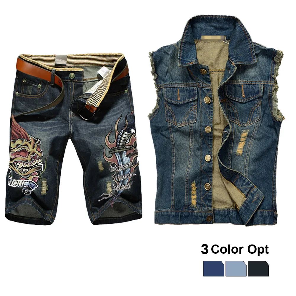 Men Jean Vest Jacket Set Retro Ripped Destroyed Skinny Hole Top Denim Short Pants 1/2 Trousers Summer Beach Wear Blue Dagge Fire
Men Jean Vest Jacket Set Retro Ripped Destroyed Skinny Hole Top Denim Short Pants 1/2 Trousers Summer Beach Wear Blue Dagge Fire