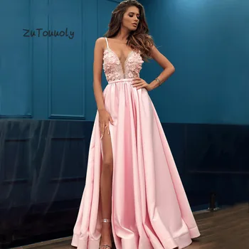 Stylish Pink Evening Dress Long V Neck Spaghetti Straps 3d Flowers Lace Fitted Prom Dresses With Slits A Line Satin Evening Gown
Stylish Pink Evening Dress Long V Neck Spaghetti Straps 3d Flowers Lace Fitted Prom Dresses With Slits A Line Satin Evening Gown