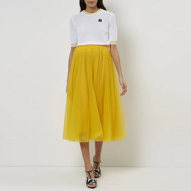 Image Casual Style Yellow Tulle Skirt Elastic Waistline A Line Tea Length Midi Skirt Customized Pleated Modest Skirts Women