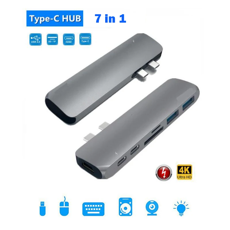 7 in 1 USB 3.1 Dual Type-C To USB3.0 HUB + SD / TF Card Reader + USB-C Data + USB-C Thunderbolt 3 + HDMI 4K for MacBook 3D25
7 in 1 USB 3.1 Dual Type-C To USB3.0 HUB + SD / TF Card Reader + USB-C Data + USB-C Thunderbolt 3 + HDMI 4K for MacBook 3D25