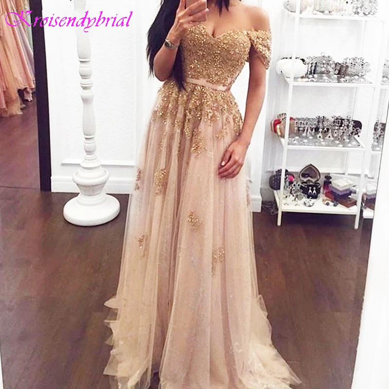 DZW263 Sparkle Gold Beaded Lace Long Evening Dresses 2019 Fashion Appliques A-line Evening Gowns Off Shoulder Lady Formal Dress
DZW263 Sparkle Gold Beaded Lace Long Evening Dresses 2019 Fashion Appliques A-line Evening Gowns Off Shoulder Lady Formal Dress