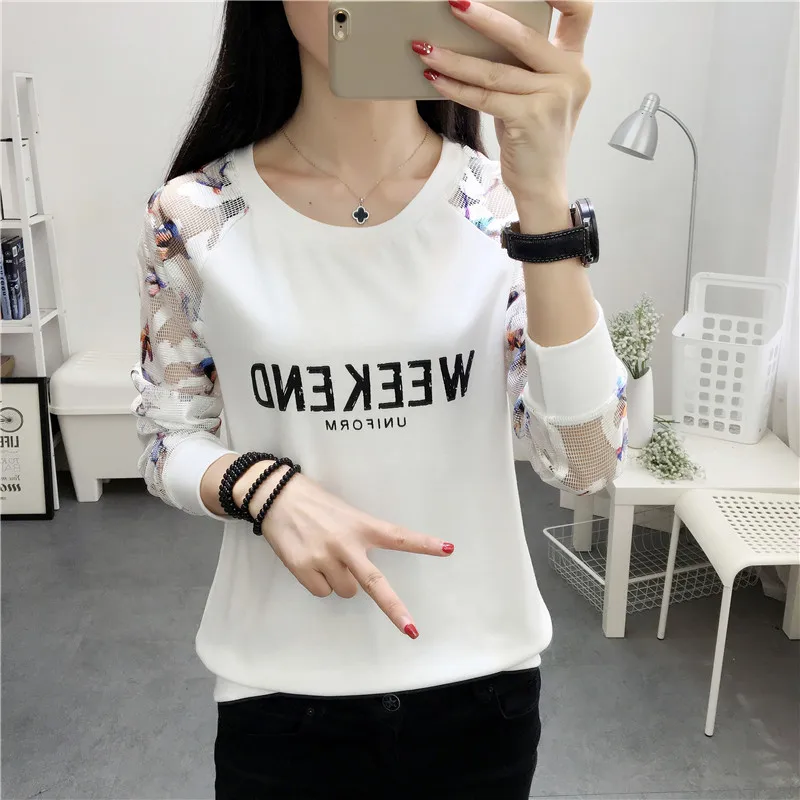 2019 spring full sleeve O-neck T-shirt female casual loose Letter printing lace long sleeve t-shirt women solid color Tops Tees
2019 spring full sleeve O-neck T-shirt female casual loose Letter printing lace long sleeve t-shirt women solid color Tops Tees