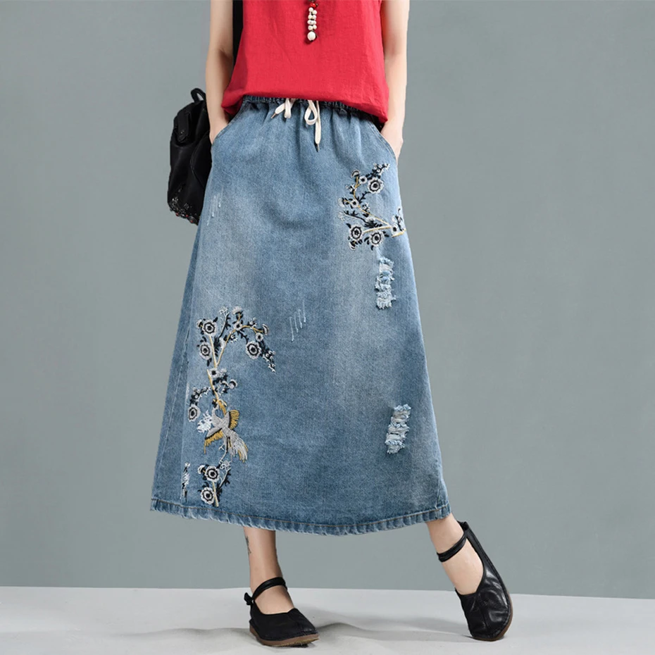 Women Denim Skirt Retro Vintage Fashion Long Loose Elastic Waist Skirt Embroidery Floral Ripped Holes AZ39142724
Women Denim Skirt Retro Vintage Fashion Long Loose Elastic Waist Skirt Embroidery Floral Ripped Holes AZ39142724