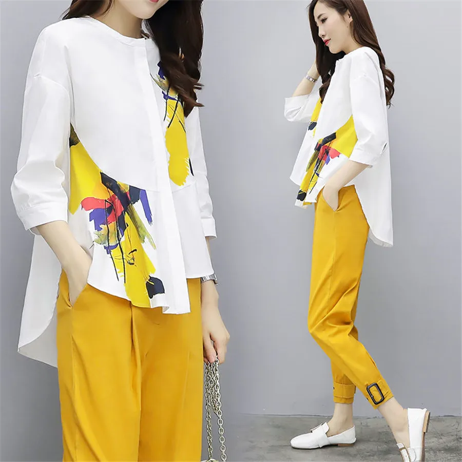 Large Size Two Piece Set Women Casual Floral Print Irregular White Blouses Tops Yellow Pants 2019 Fashion Tracksuit Woman Suit
Large Size Two Piece Set Women Casual Floral Print Irregular White Blouses Tops Yellow Pants 2019 Fashion Tracksuit Woman Suit