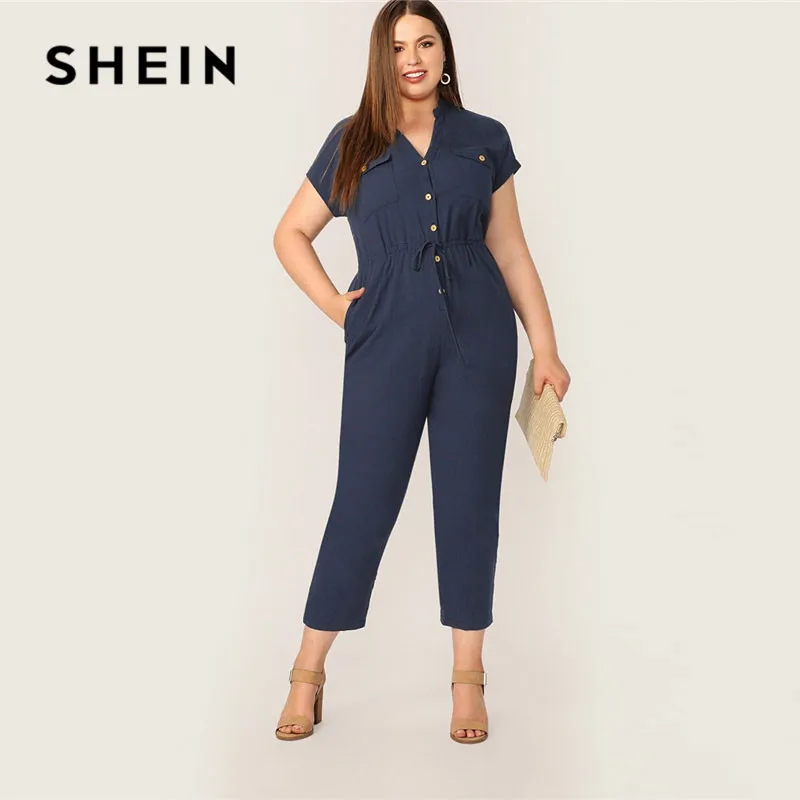 SHEIN Plus Size Drawstring Waist Button Front Utility Jumpsuit Women Clothes 2019 Navy Cotton V neck Casual Cap Sleeve Jumpsuit
SHEIN Plus Size Drawstring Waist Button Front Utility Jumpsuit Women Clothes 2019 Navy Cotton V neck Casual Cap Sleeve Jumpsuit