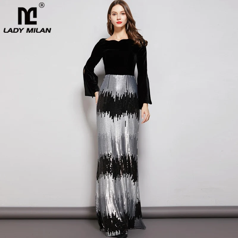 Lady Milan Women's Evening Party Prom Slash Neckline Waist Sleeves Velvet Patchwork Sequined Elegant Long Dresses
Lady Milan Women's Evening Party Prom Slash Neckline Waist Sleeves Velvet Patchwork Sequined Elegant Long Dresses