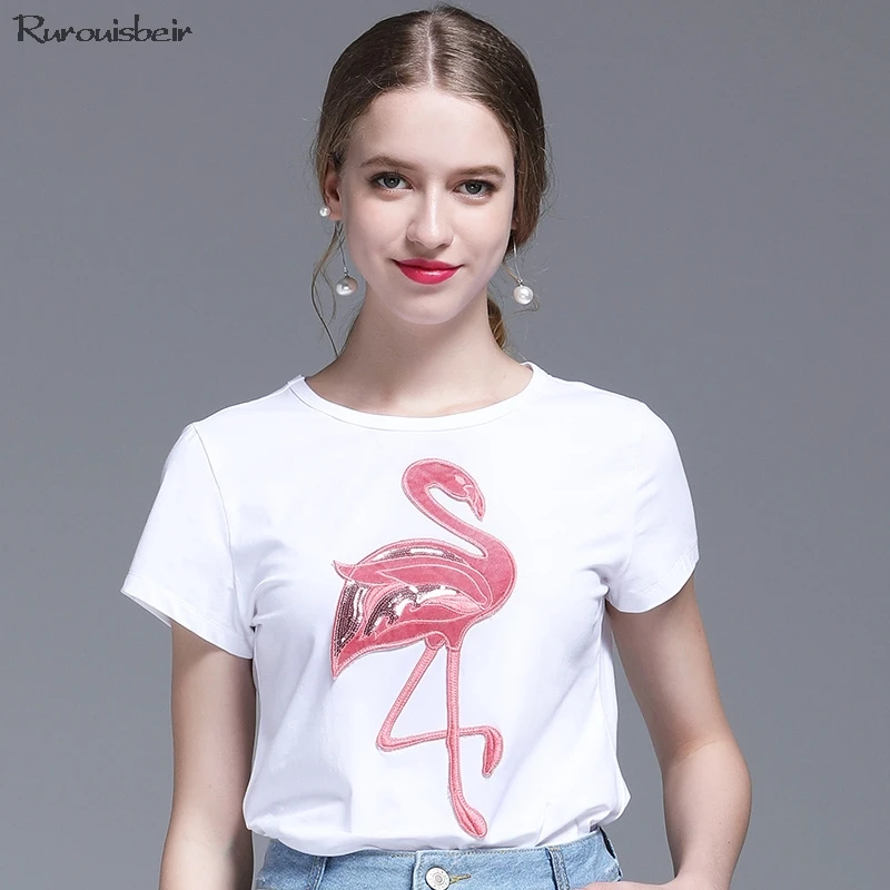 Beautiful Pink Flamingo Embroidery Sequins cotton Tshirts Summer Women White Tee Shirt Cartoon Tops Super Fashion Casual t shirt
Beautiful Pink Flamingo Embroidery Sequins cotton Tshirts Summer Women White Tee Shirt Cartoon Tops Super Fashion Casual t shirt
