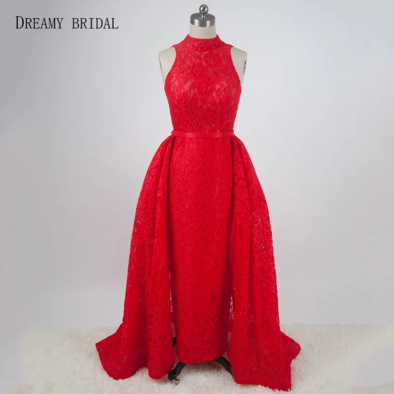 Dreamy свадебные красные длинные вечерние платья со съемным шлейфом Высокая шея