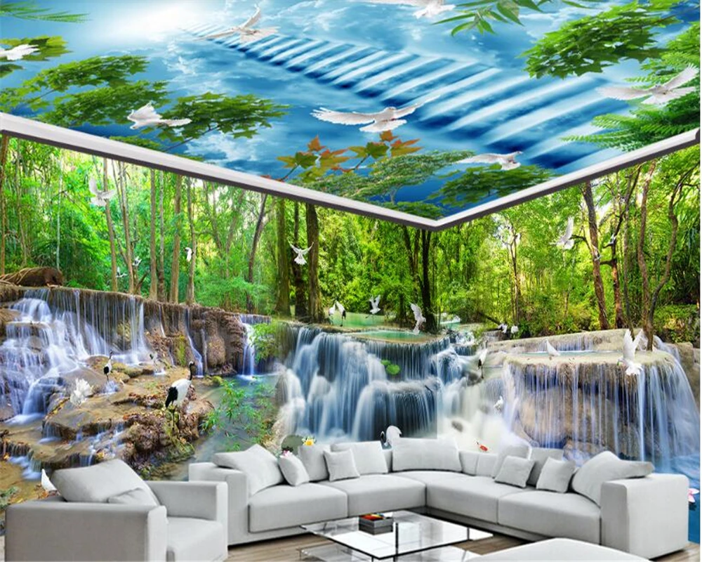 

beibehang Eye-catching dream wallpaper waterfall water forest crane dove house background wall painting wall papers home decor