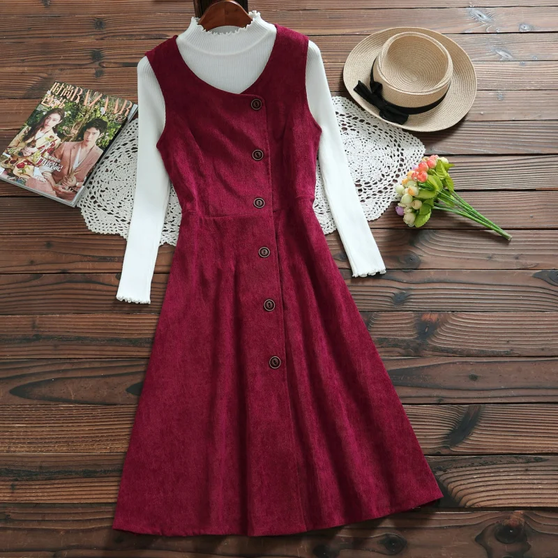 

Burgundy Solid Color Vintage Dress New Autumn Winter Women Sleeveless Vest Button Corduroy Dresses Mori Girl Style Sundress