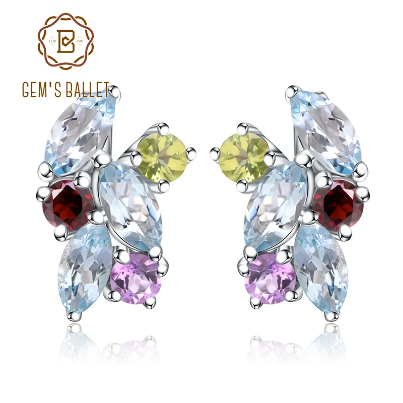 

Gem's Ballet Multicolor Natural Sky Blue Topaz Garnet Peridot Amethyst 925 Sterling Silver Stud Earrings For Women Fine Jewelry