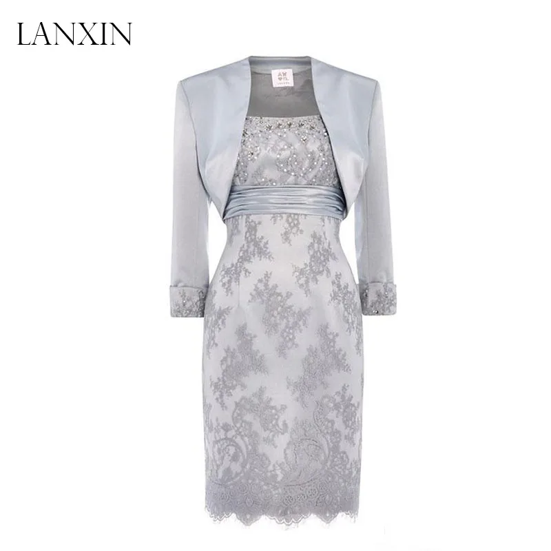 Silver Knee Length Mother of the Bride Dresses with Jacket Sheath Beading Lace Mother of the Groom Dress
Silver Knee Length Mother of the Bride Dresses with Jacket Sheath Beading Lace Mother of the Groom Dress