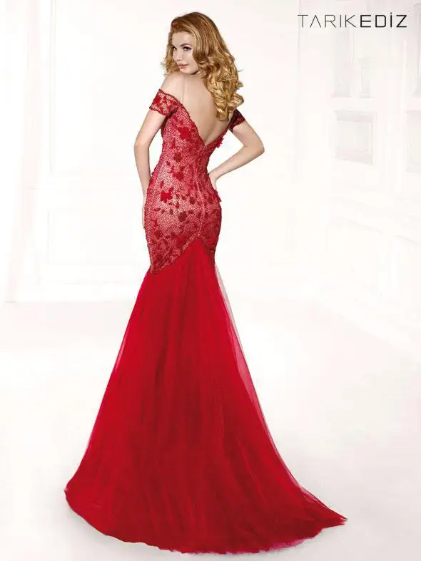 White Red Designer Lace Backless Cheap Mermaid Ball Gown 2014 Tarik Ediz Formal Evening Dresses Long Pageant Sexy Prom Dress Tulle Elegant