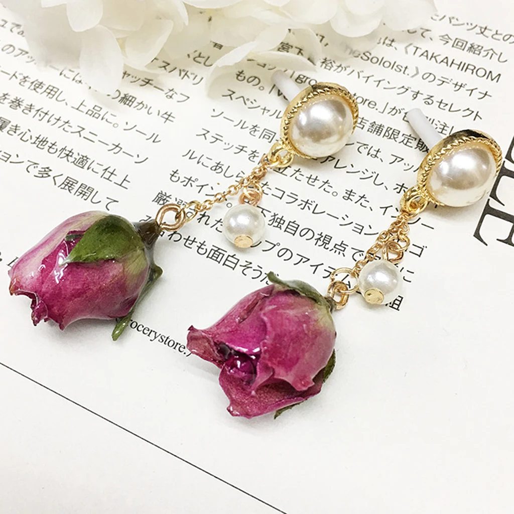 1 Pair Resin Covered Real Flower Charms Natural Dried Flower Pendants Drop Earrings Studs for Women Girls Jewelry 3 Colors