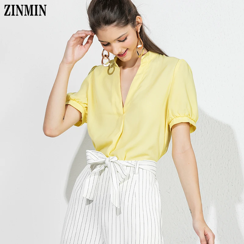 ZINMIN Women's Summer t Shirt For Woman Deep V Neck Casual Office Lady Shirt Tops Yellow Solid New Design Clothing Mujer
ZINMIN Women's Summer t Shirt For Woman Deep V Neck Casual Office Lady Shirt Tops Yellow Solid New Design Clothing Mujer