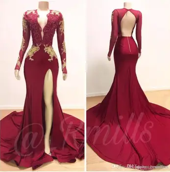 Burgundy Split SIde High Prom Dresses 2019 Deep V Neck Sheer Long Sleeve with Gold 3D Floral Flower Mermaid Evening Gowns
Burgundy Split SIde High Prom Dresses 2019 Deep V Neck Sheer Long Sleeve with Gold 3D Floral Flower Mermaid Evening Gowns