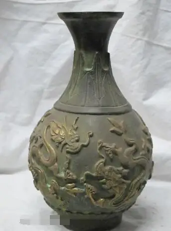 S05840 10"Signed China sculpture bronze statue Five Dragon flower Vase