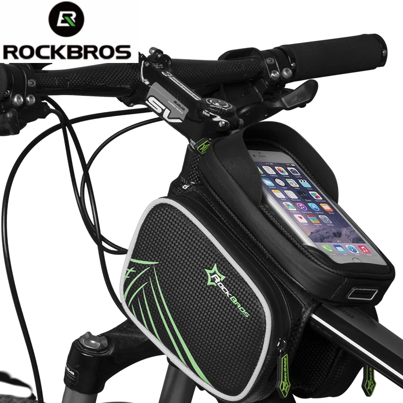 RockBros Bike Frame Bag 6.0/" Touch Screen Waterproof Front Tube Bag Green