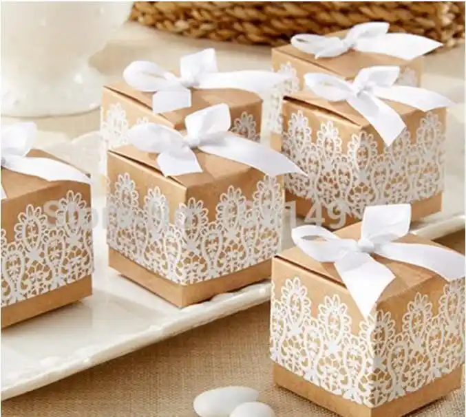 kraft paper pillow candy box lace design wedding favors gift