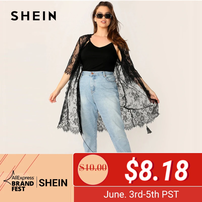 

SHEIN Plus Size Black Sheer Eyelash Lace Kimono With Tassel Belt Women Summer Boho Half Sleeve Longline Contrast Lace Kimonos