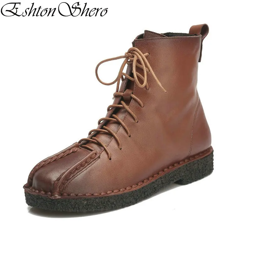 EshtonShero Women's Shoes Flats Beige Cow Leather+PU Flat Heel Autumn Lace Up Round Toe Elegant Ladies Loafers Size 34-39 | Обувь