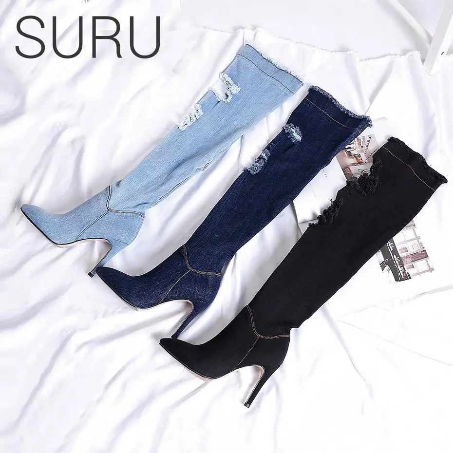 SURU Sexy Denim Thigh High Boots Heels With Cut Out Details Women Over the Knee High Boots
SURU Sexy Denim Thigh High Boots Heels With Cut Out Details Women Over the Knee High Boots