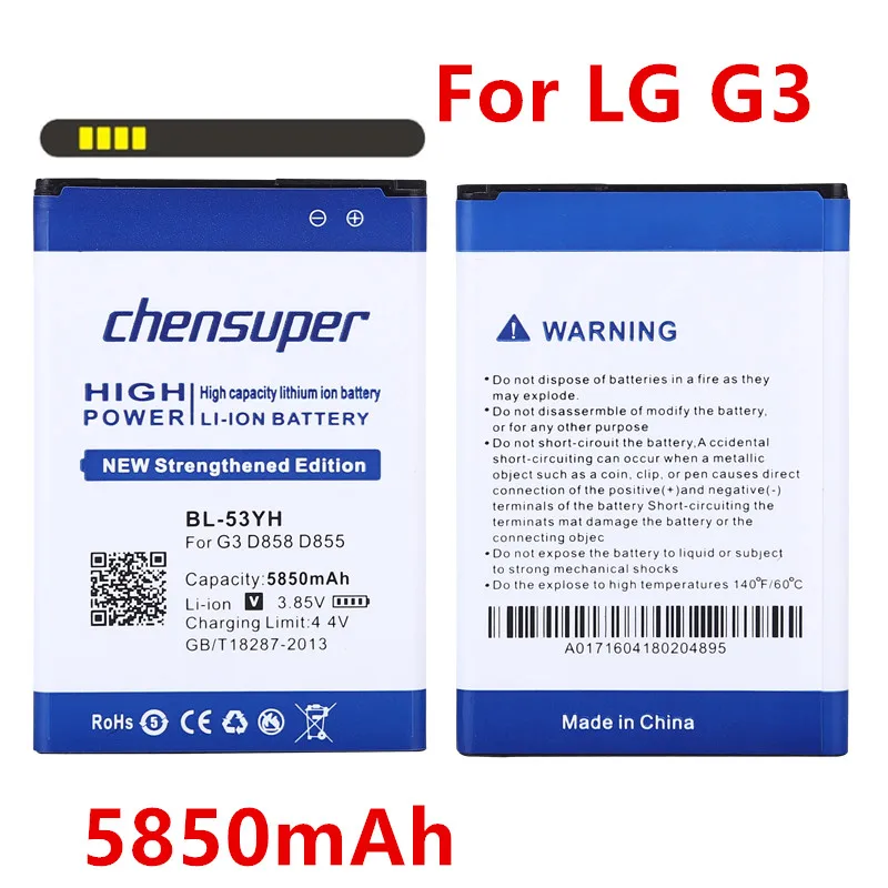 2019 NEW 100% BL-53YH Phone Battery For LG G3 D855 D850 D858 D859 F460 Real 5850mAh High Quality Mobile Replacement Battery
2019 NEW 100% BL-53YH Phone Battery For LG G3 D855 D850 D858 D859 F460 Real 5850mAh High Quality Mobile Replacement Battery
