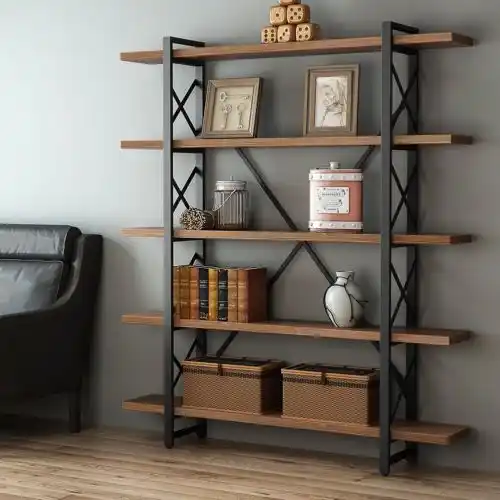 Vintage Free Standing Bookshelf 5 Tier Industrial Style X Shaped