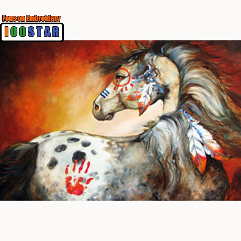 Full Square Diamond embroidery Cross stitch Feathers Round mosaic Indian War Pony DIY painting horse | Дом и сад