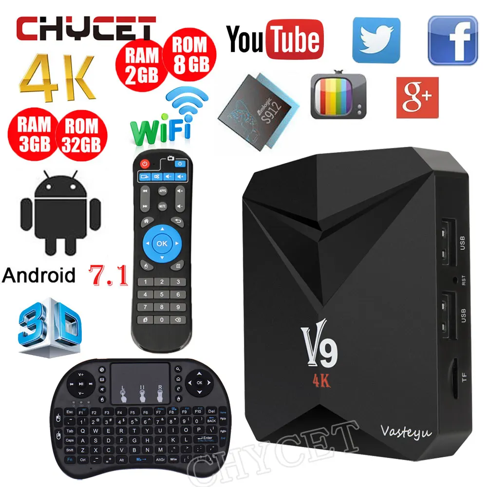 V9 TV BOX Android 7.1 DDR4 2GB+8GB 3GB+32GB Amlogic S912 Octa Core WiFi BT4.0 4K 3D H.265 HDR Smart Media Player Set-top Box
V9 TV BOX Android 7.1 DDR4 2GB+8GB 3GB+32GB Amlogic S912 Octa Core WiFi BT4.0 4K 3D H.265 HDR Smart Media Player Set-top Box