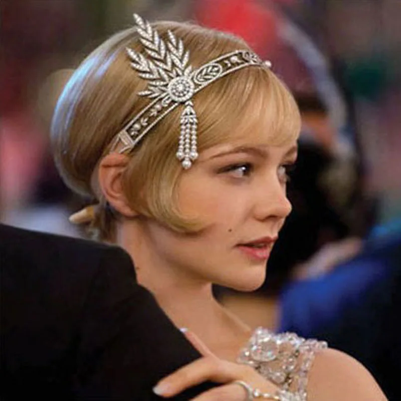1920s The Great Gatsby Hair Accessories Pearl Tassel Leaf Headpiece Wedding Head Jewelry Bridal Crystal Black Tiara Crown