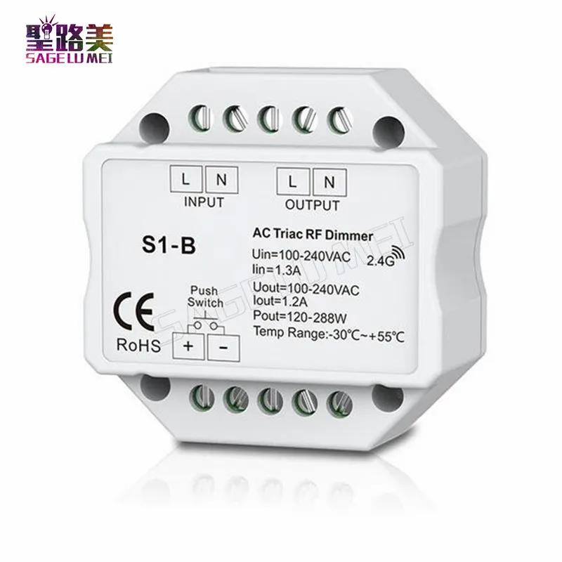 

S1-B Led Triac RF Dimmer Controller use with R1 Remote 2.4GHz Wireless input 100-240V AC 1A 100W-240W Push Dimmer LED Switch